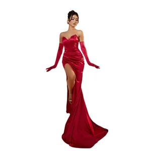 Scarlet Strapless Petal Tube Top Bodycon Satin Evening Dress with Oversleeve Floor Length Slit Ruffles Breathable Solid Pattern