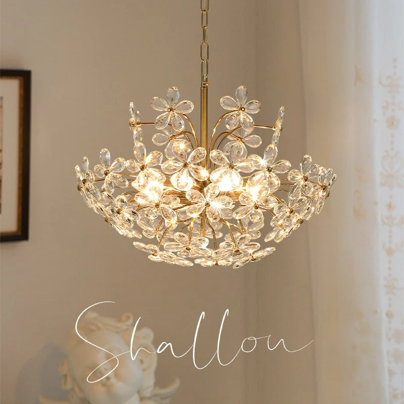 French-style Vintage Crystal Fishing Line Chandelier Three-color Light Changing Luxury Bedroom LED Light Modern Minimalist