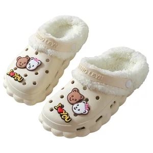 New Arrival Unisex Non-slip Platform Fur Clogs Winter Indoor Keep Warm Clogs Shoe Removable Cotton Plush Slippers