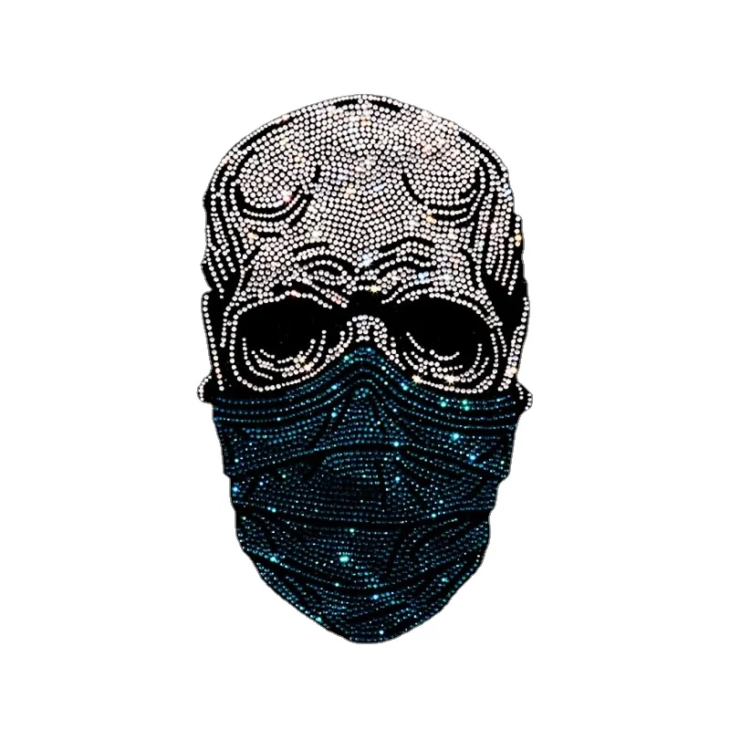 Green skull facemask rhinestone design iron on transfer decals hotfix rhinestone sheet