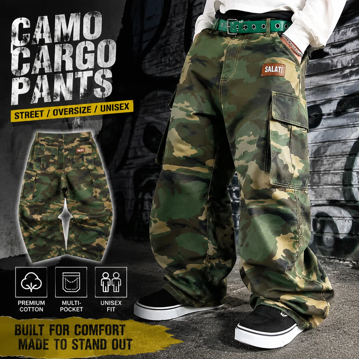Custom Cotton Multi Pocket Street Oversized Wide Leg Streetwear Work Camo Camouflage Baggy Trousers Carpenter Cargo Pant for Men
