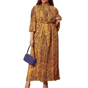 New Design Printed Stand Collar Belted African Maxi Dress Fashion Elegant Women's Pleated Chiffon Eco-Friendly