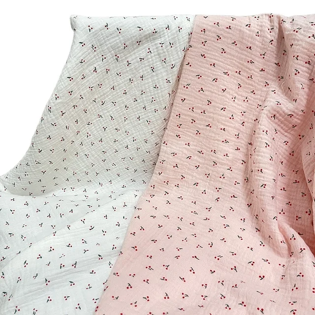 Wholesale inventory stock cherry printed crepe fabric, cotton double layer gauze fabric, baby pajama fabric