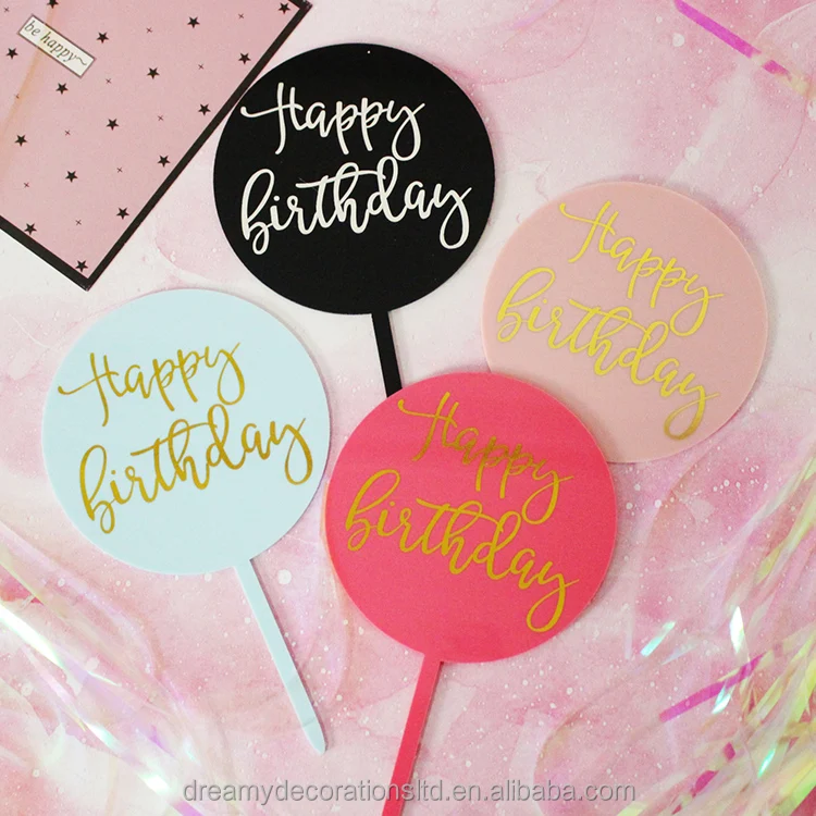 Mixed 30 Designs Happy Birthday Circular Acrylic Cake Cupcake Topper with Gold Embossing