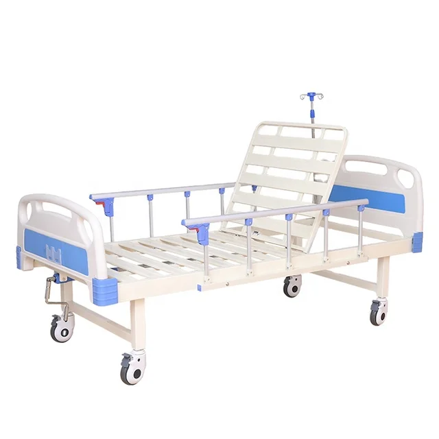 Manual Hospital Bed with 1 Crank Stainless Steel Crank & Guardrail ABS Metal & Iron Material for Patients Hospital Furniture