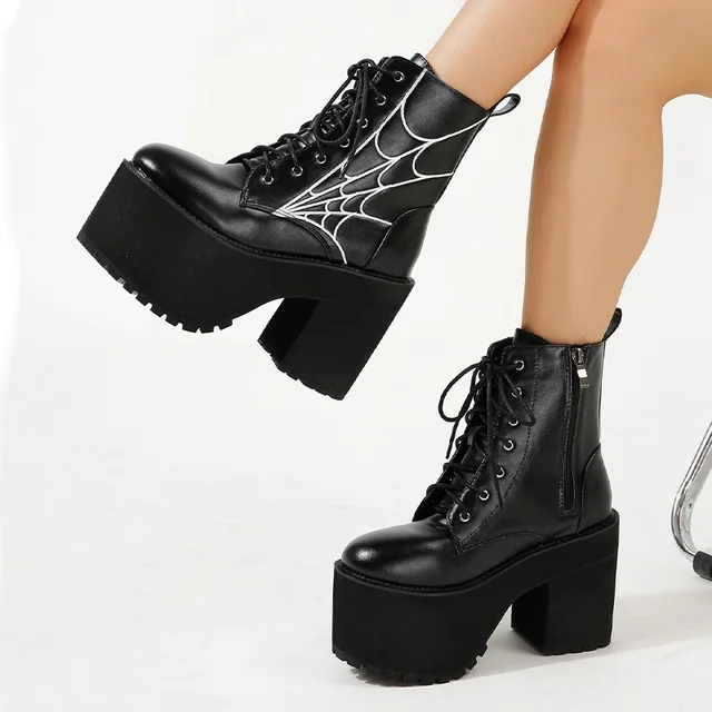 Fashion Cobweb Gothic Boots Women Vampire Knight Cosplay Shoes For 90s Girls High Chunk Heel Forest Aesthetic Shoes Woman - Image 4