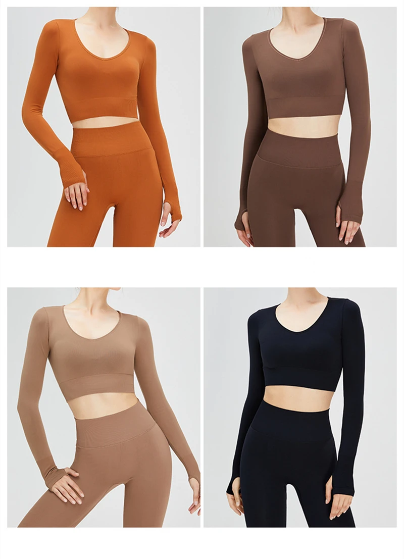 Womens Workout Apparel Solid Color Long Sleeve Yoga Crop Tops Gym