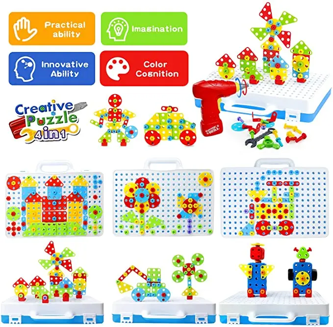 Juego De Construcción Con Taladro Eléctrico | 205 Piezas | Mosaicos 3D Y STEM | Caja Almacenaje | Regalo Para Niños 3-7 Años