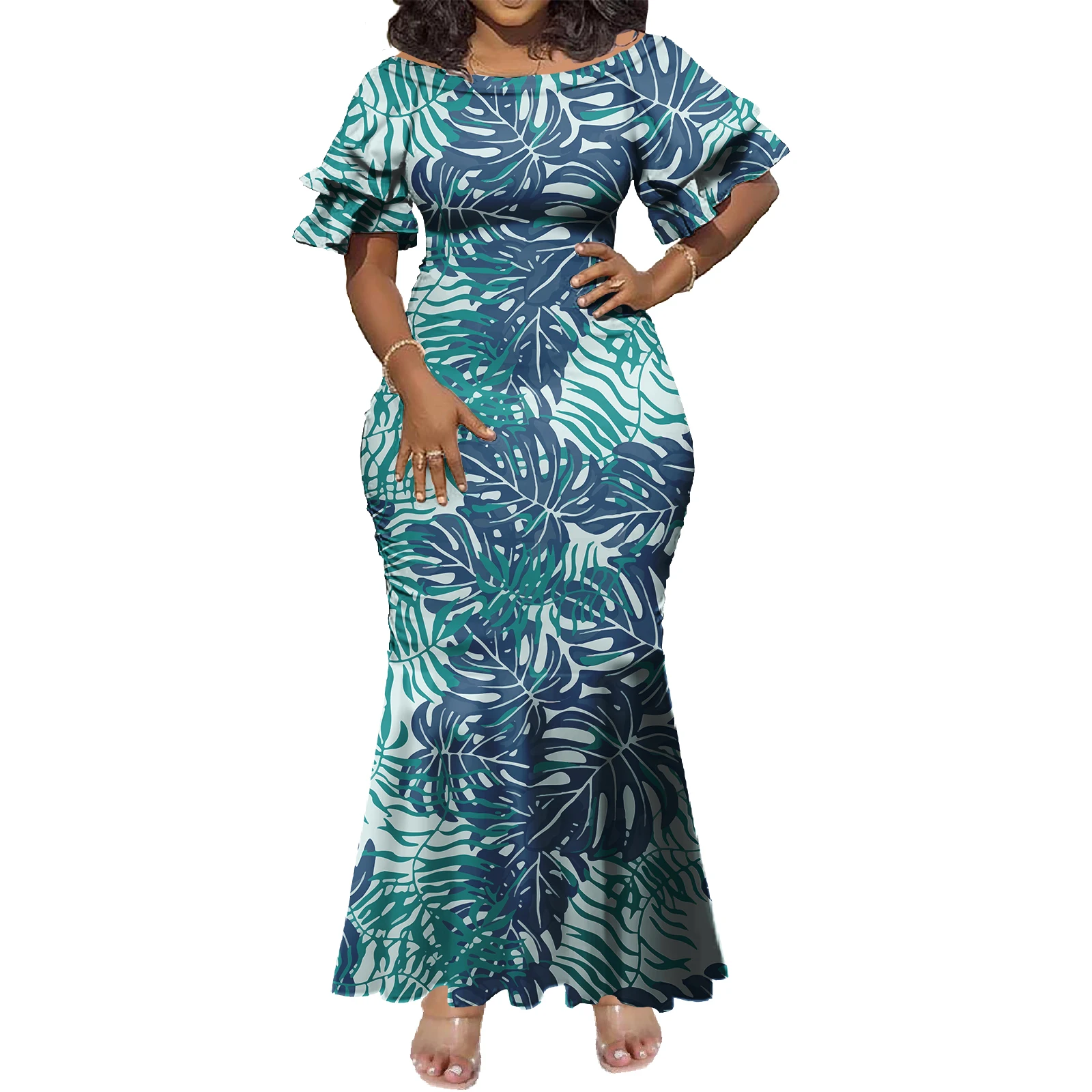 pacific island formal dresses Customize Art Trumpet Mermaid Dress Polynesian Short Sleeve Fishtail Dress Plus Size Womens pacific island dresses