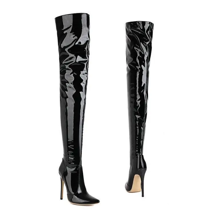 Women Fashion Waterproof Leather Shiny Thigh Long Black Elastic Over The Knee High Boots - Image 3
