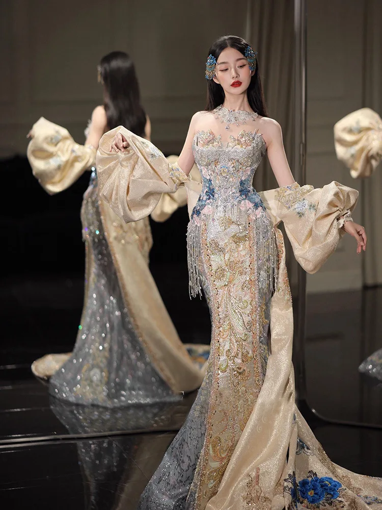 chinese style formal dress Women Chinese Style Cheongsam Wedding Bride Long Dress Prom Gown Embroidery New