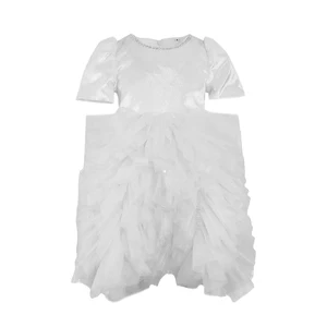 Customizable White Shiny Girls Dress Puff Sleeves Rhinestone Neckline Ruffled Tulle Skirt for Special Occasions