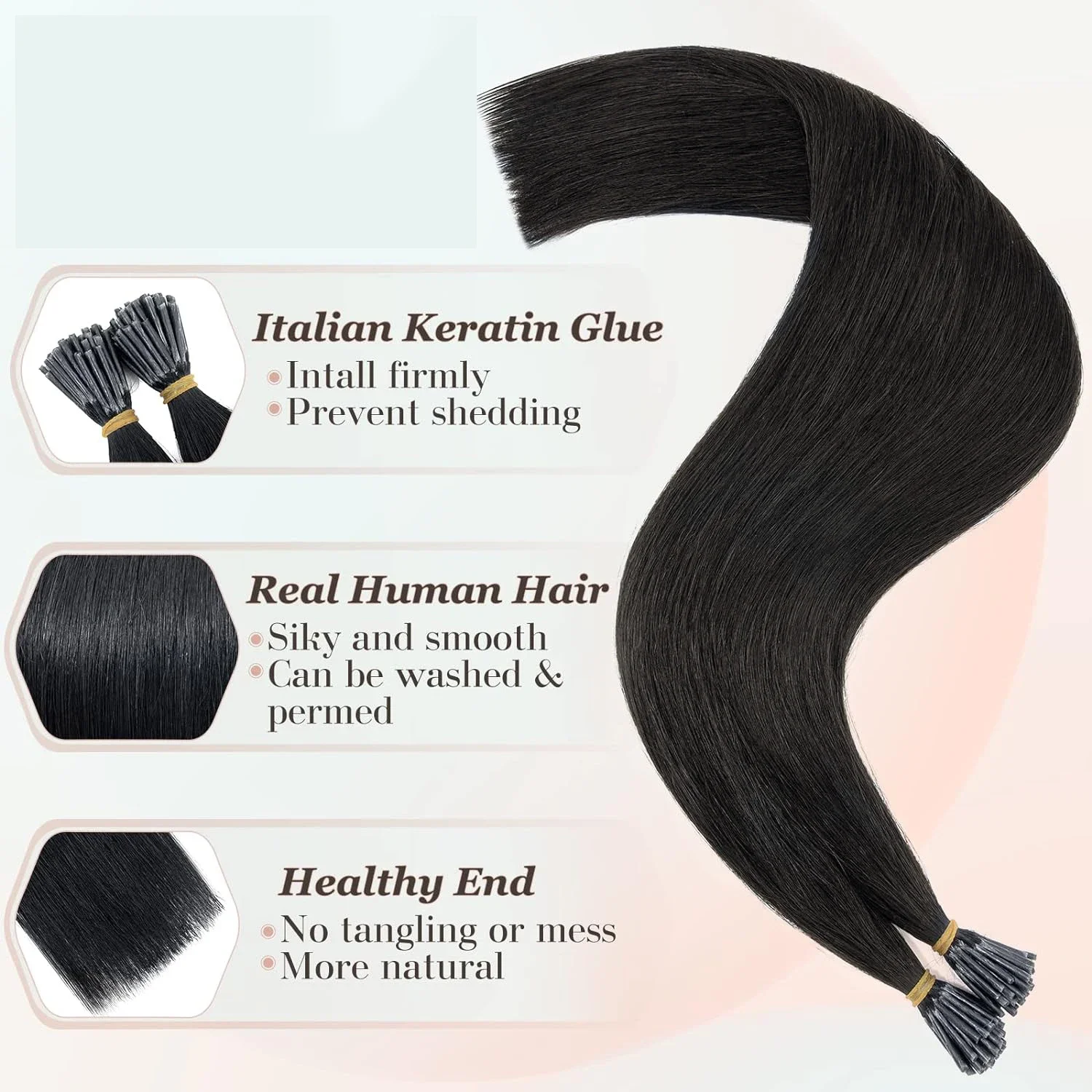 Gerade I-Tip-Haarverlängerungen, 100 % Echthaar, 16-26 Zoll, 100 g, Tip Fusion-Haarverlängerungen für den Salon, hohe Qualität, Farbe Nr. 1B_voghion.com