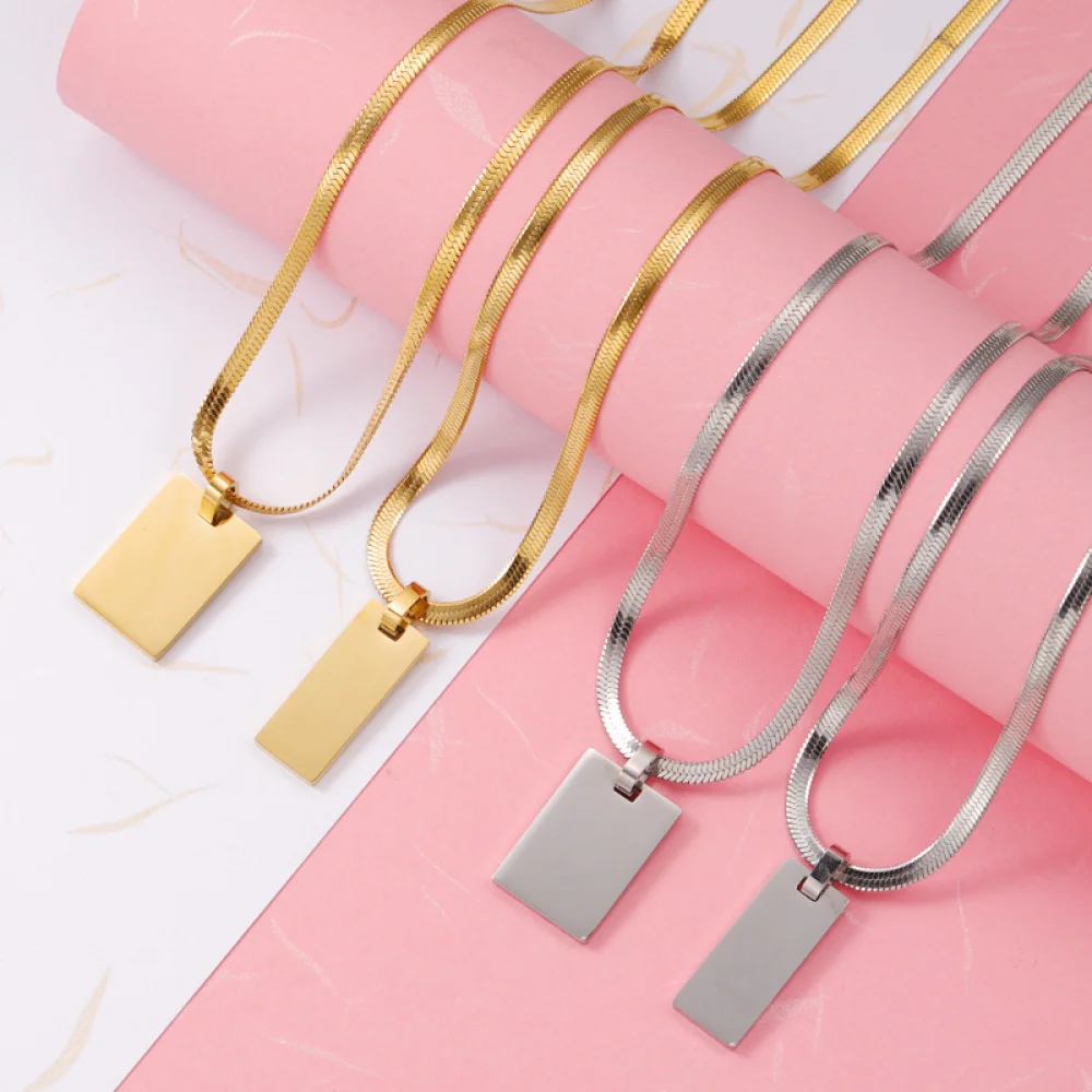 Tarnish Free Fashion Jewelry Flat Snake Chain Stainless Steel Rectangle Engrave Blank Pendant Logo Name Plate Custom Necklace