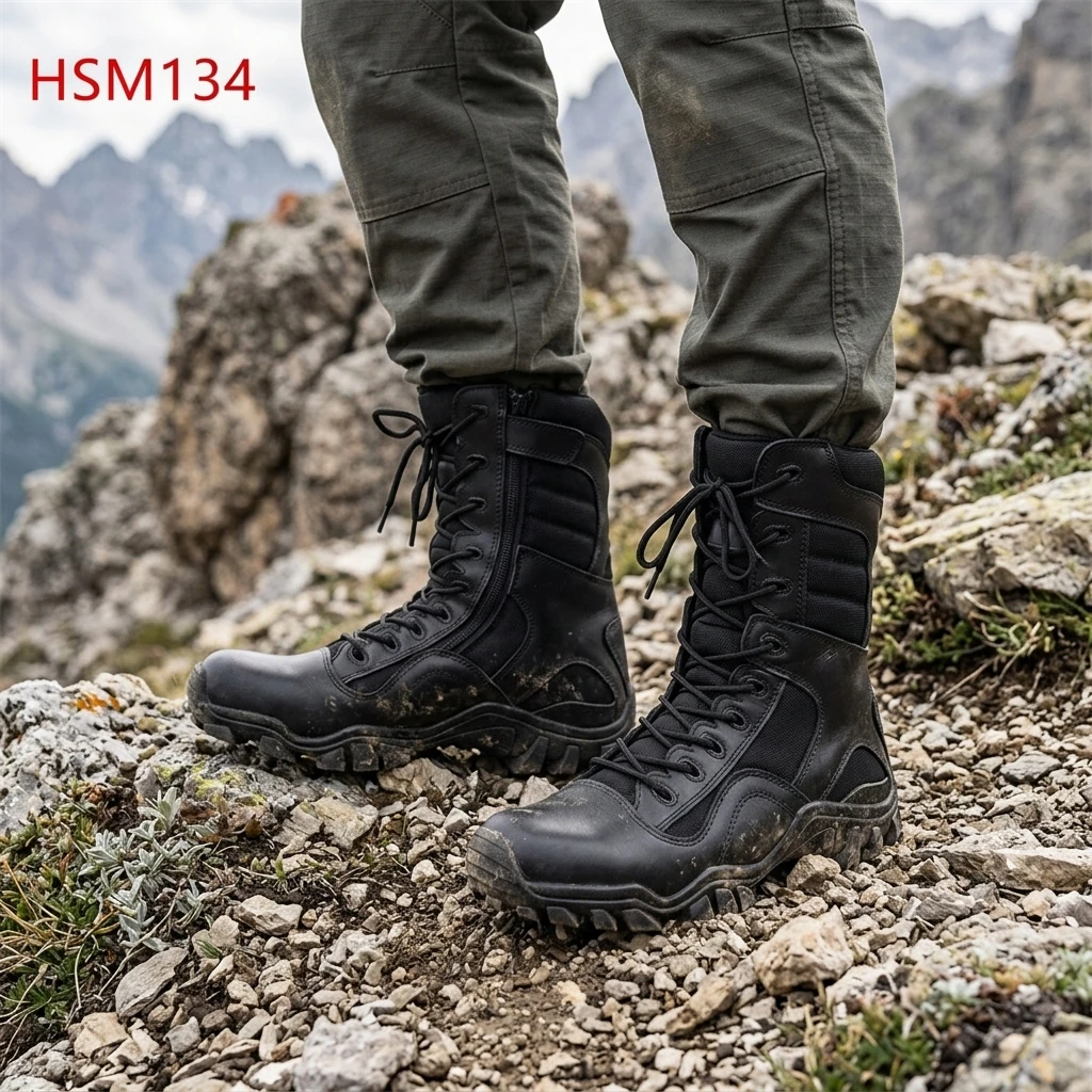ZYF, Sepatu Bot Tempur Hitam dengan Sol Luar Karet Pegangan Unggul di Medan Beragam dan Desain Ritsleting Sisi untuk Pelatihan Penjaga, Sepatu Bot Taktis HSM134