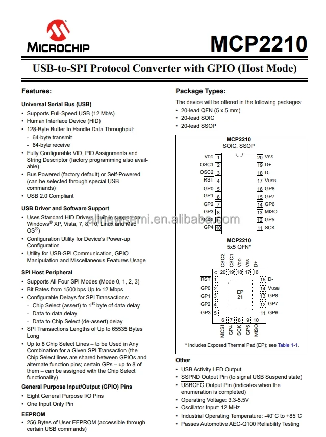 Hot sale Original MCP2210-I/SO Interface Controller IC Bridge USB to SPI Interface USB 2.0 3.3V -5.5V 13mA 20-SOIC