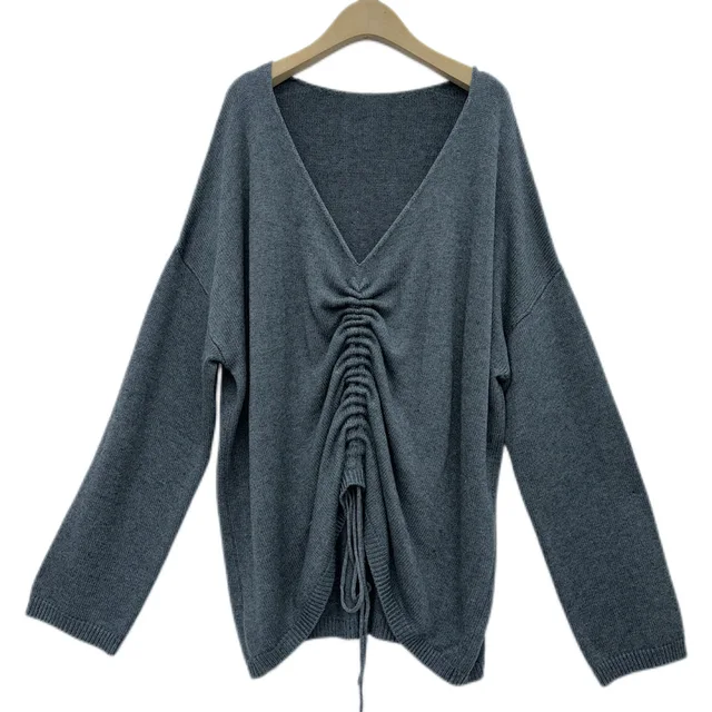 OEM ODM Knitted Autumn Long Sleeve Pullover Casual V-Neck with Drawstring Design Oversize Sweater