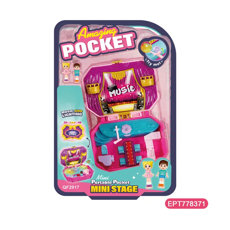 EPT Mini Lighting and Music Small Stage Portable Pocket Minitures Pretend Play Magic Box Toy Polly Pockets Dolls House for Girls