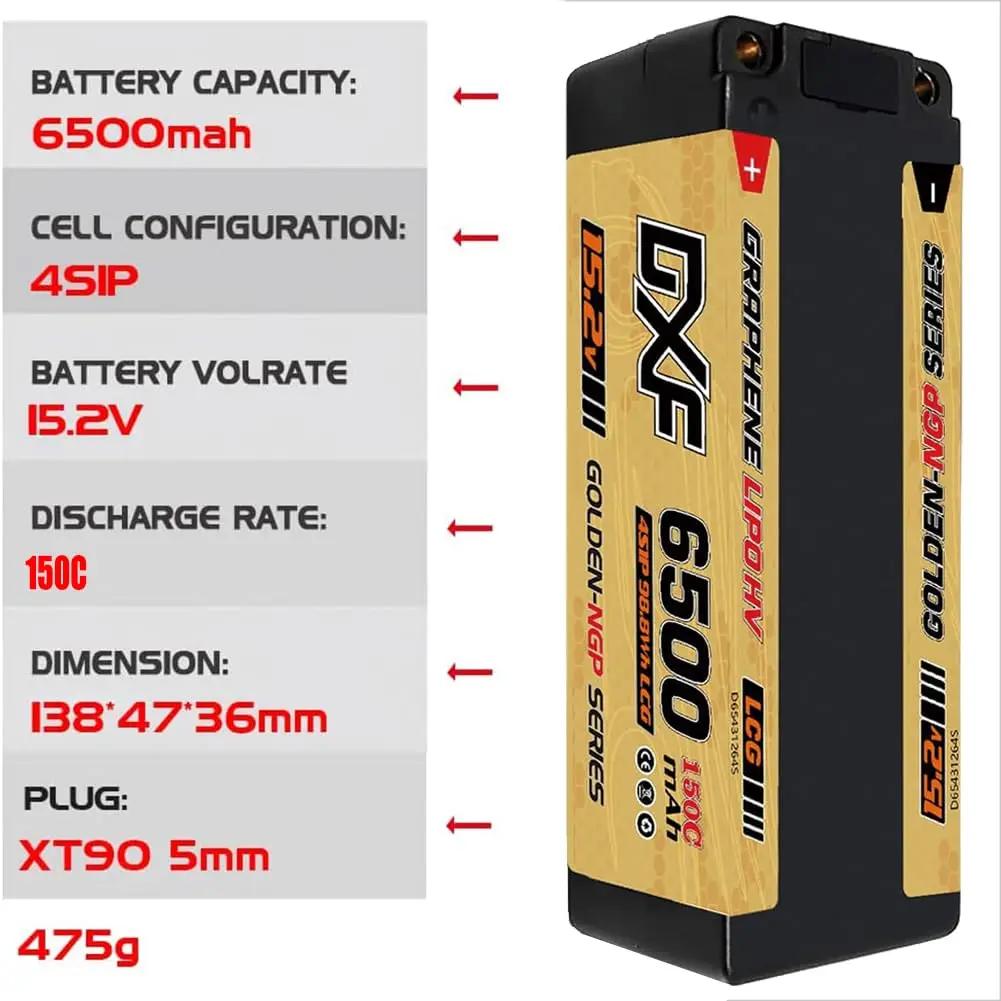 Batteria DXF 4s Lipo 15,2 V 6500 mAh 150 C 5 mm rigida con spina XT90 per RC 1/8 Buggy Truggy Car, Emaxx, Bandit, Rustler e altro_voghion.com