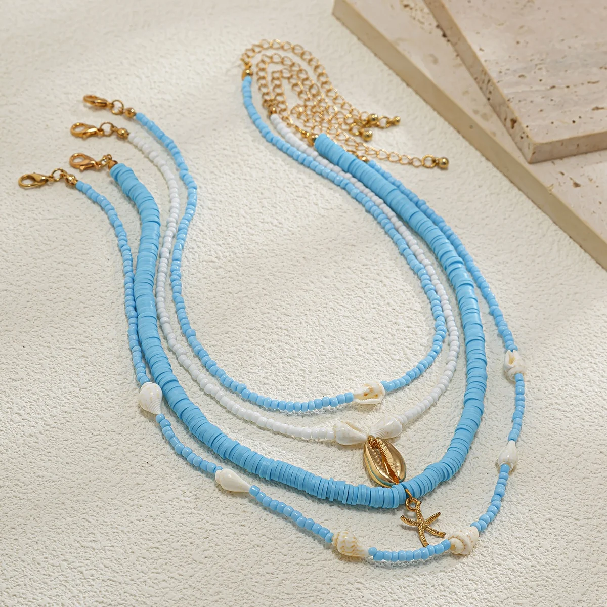 Vintage Multi Layer Blue White Polymer Clay Bead Necklace Gold