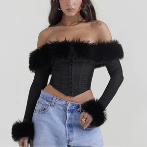 2026 New Fashion Wholesale Clothing Long Sleeve Fur Collar Fishbone off Shoulder Corset De Mujer Femme Tops