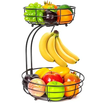Liveroom Countertop Desktop 2 Tier And 3 Tier Water Metal Iron Wire Fruit Basket With Banana Hanger Fruit Basket For Kitchen