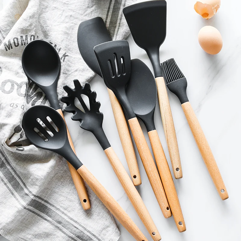 New Products Wholesale 9 Pcs Silicone Non-stick and Heat-resistant Kitchen  Utensils Sets with Storage