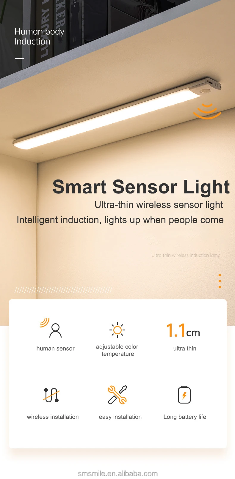 Rechargeable Wireless Motion Sensor Closet Light Led Under Light With Aluminum Luminous