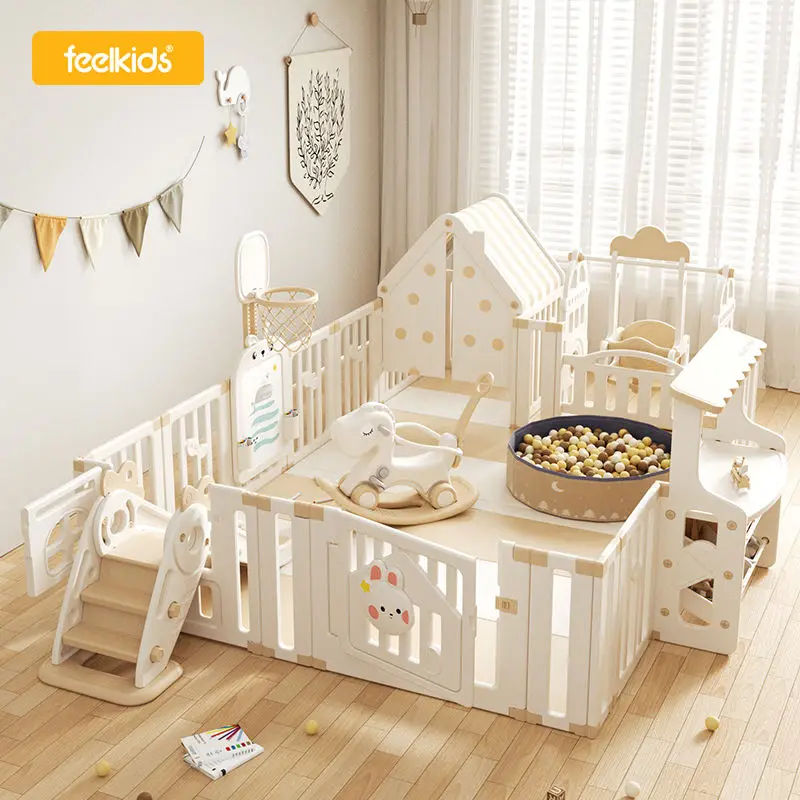 Feelkids Multifunctional Design Safety Kids Plastic Indoor Play Yard Moon Rabbit Fence Baby Playpen With House