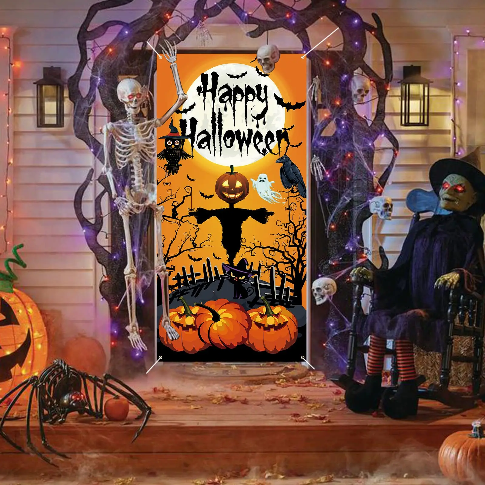 Halloween Deko Banner Hintergrund – 180x110 Cm, Polyester, Orange-schwarz Mit Kürbis-Motiven, Für Innen & Außen, Wiederverwendbar