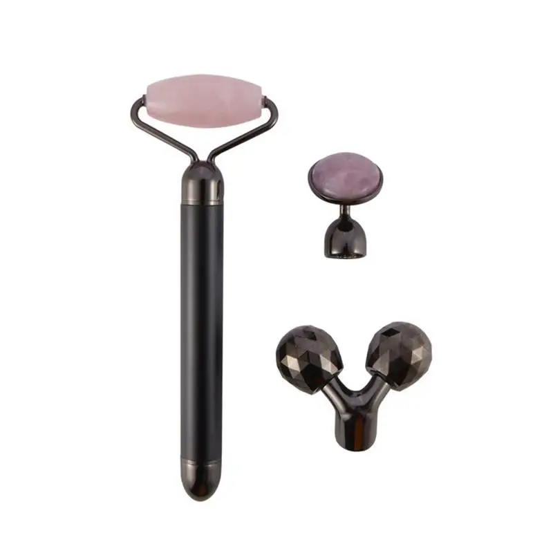 3 In 1 Electric Vibrating Jade Stone Roller Set Natural Rose Quartz Jade  Face Lifting Massager with 3 Replaceable Heads