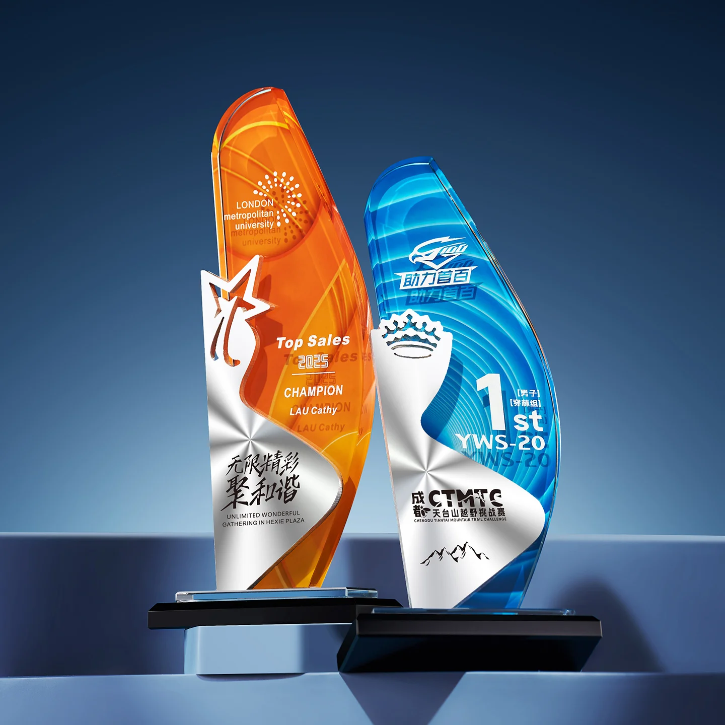 Durable Sandblasted Glass Crystal Trophy with UV Printed Graphics Corporate Gifts Award on Wooden Base  WDY-0417