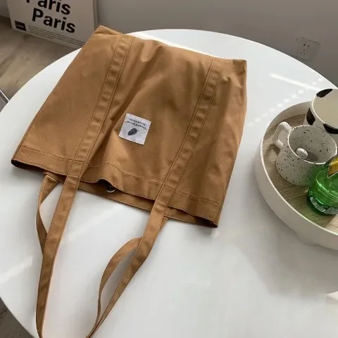 Wholesale Custom Printed Logo Simple Solid Color Shoulder Canvas Cotton Shopping Tote Bag With Woven Label
