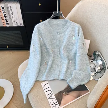 Women's Long Sleeve Cardigan Sweater Lightweight Casual Loose Round Neck Sequin Button Knit Sweater Tops