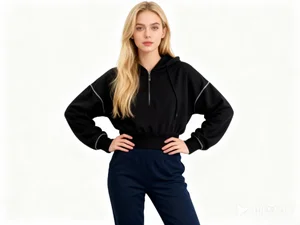 Spring/Autumn Cotton Spandex French Terry Cropped Hoodie Half-Zip with Contrast Merrow Stitching Long Sleeves  Women's Top