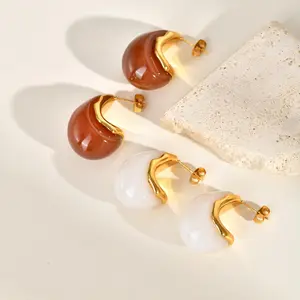 Women's Fashion Resin Geometric Pattern Earrings Stainless Steel Red White Water Drop Shaped Stud Earrings