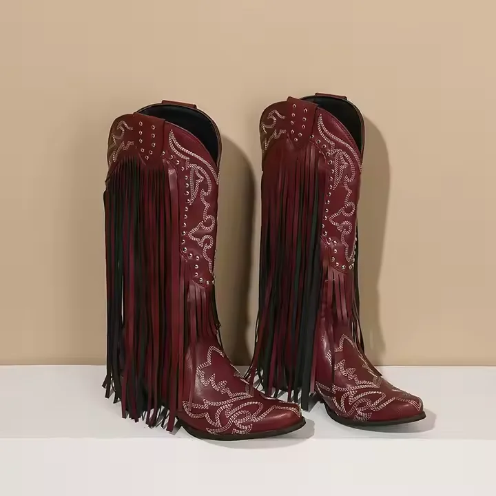 Ladies Cowboy Horse Riding Boots V Month 5cm Block Heel Women Knee High Western Boots With Fringes - Image 4