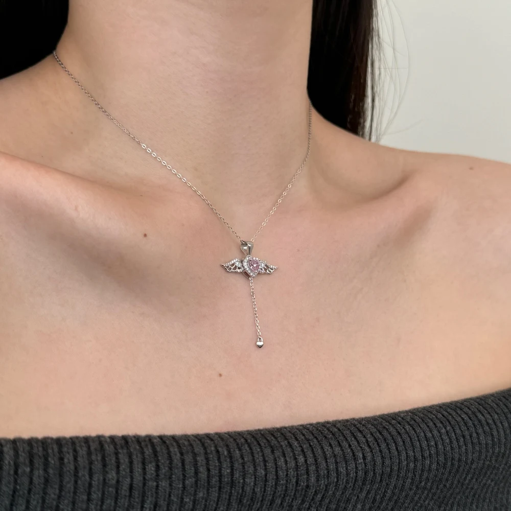 KAKODIY Elegant and Exquisite Fashion Jewelry 925 Sterling Silver Chain 5A Cubic Zirconia Tassel Heart Wings Angel Love Pendant Necklace detail 4
