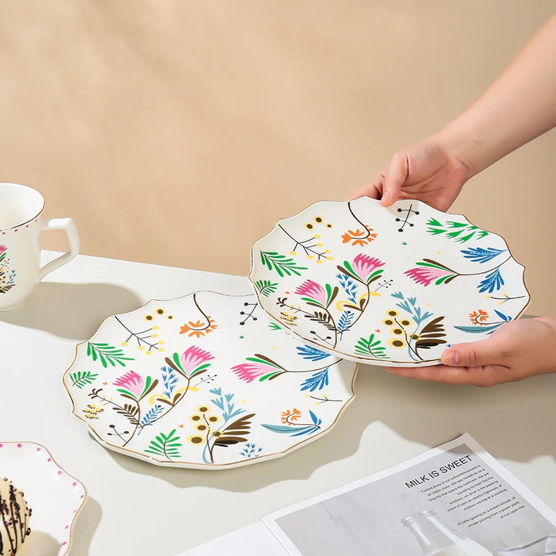 Spring Floral Patterned Side Dinnerware Porcelain Salad Plates Pink Rose and Gold White Wedding Set details