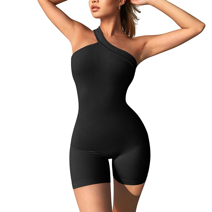 Womens Yoga Rompers One Piece Ribbed Spaghetti Strap Exercise Romper