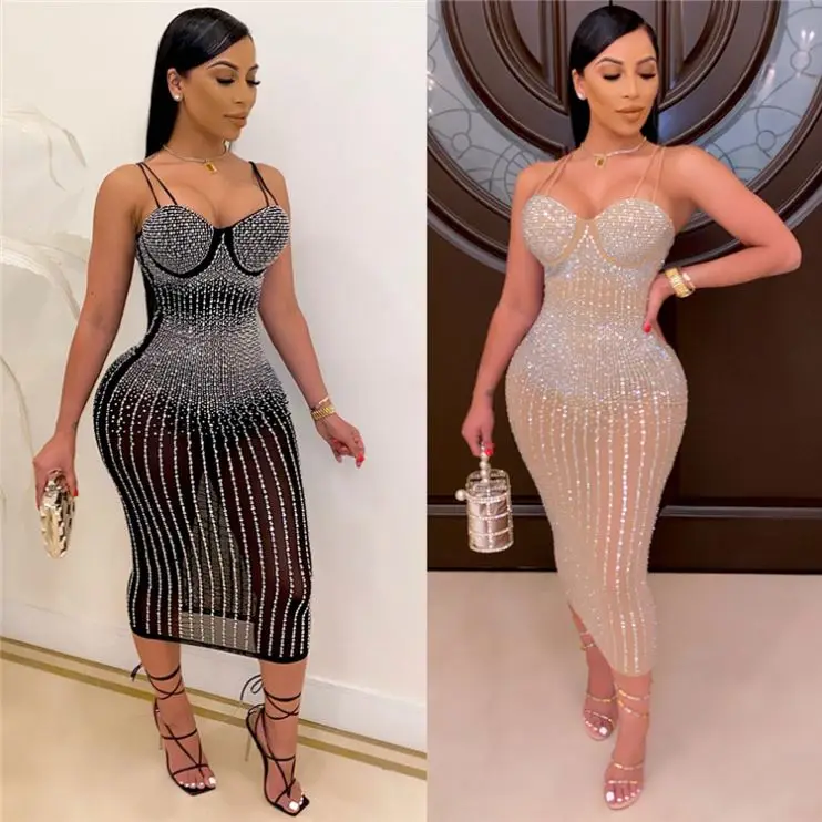 Hot Sale Autumn Mesh Rhinestone Casual Woman Midi Dress Fashion Trend Ladies Fall Night Club Womens Sexy Dresses