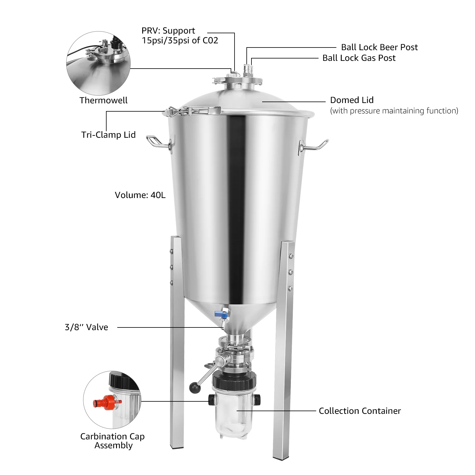 35l Pressure Stainless Conical Fermenter With Yeat Collecting Tank ...