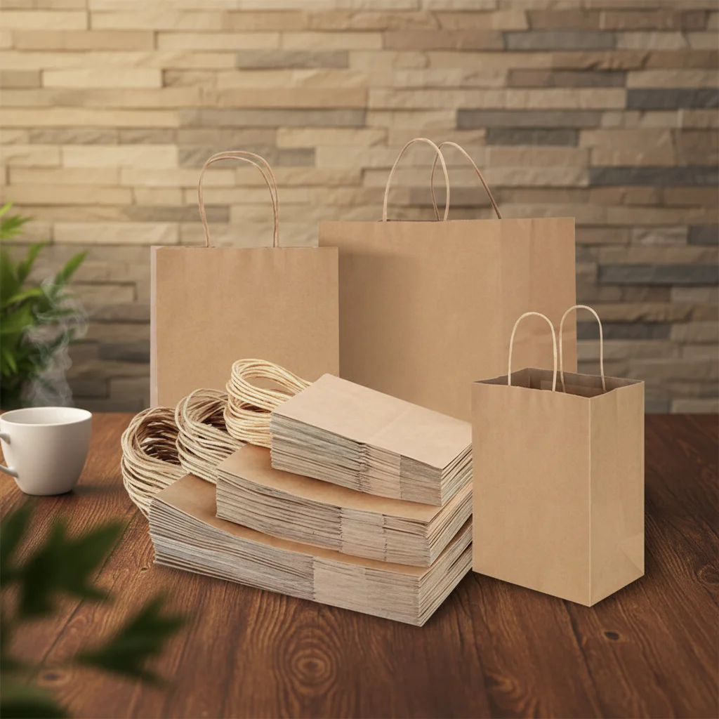 Restaurant Cafe Custom Logo Printed Food Grocery Takeaway Take Out Brown Recycled Kraft Paper Bag With Handle