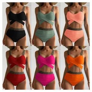 Manufacturer OEM/ODM Custom Front Cross Bikini Bathing Suit Ladies High Waist Swimsuit Women Swimwear Beachwear