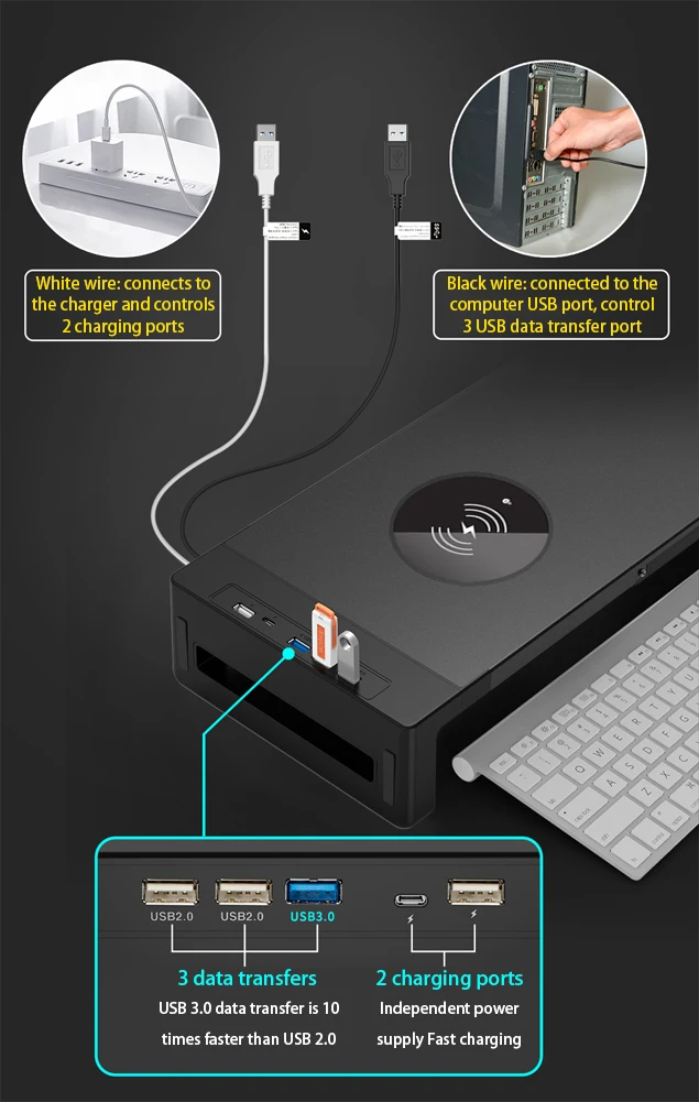 Monitor Foldable Stand Riser USB3.0 Hub with Wireless Charging