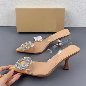 QuiteS Summer New Sun Buckle Pointy High Heels Women's Stiletto Crystal Transparent High Heel Sandals