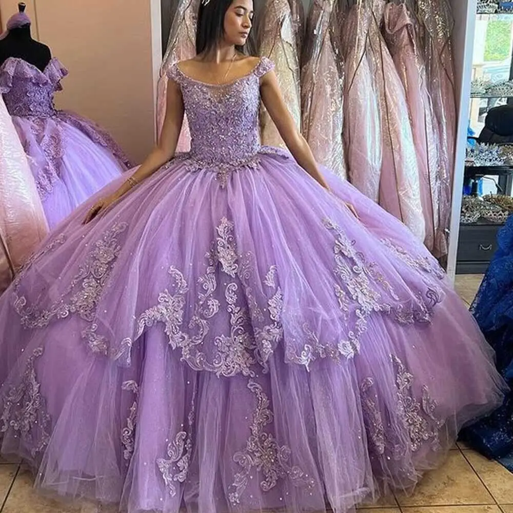 Lilac Quinceanera Dresses Ball Gown Sweet 15 16 Dress With Bow Beaded Lace Applique Graduation Party Gowns