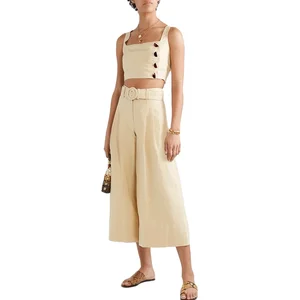New Fashion Open-Back Cropped Linen Crop Top With Wide Leg Pants Two Piece Set