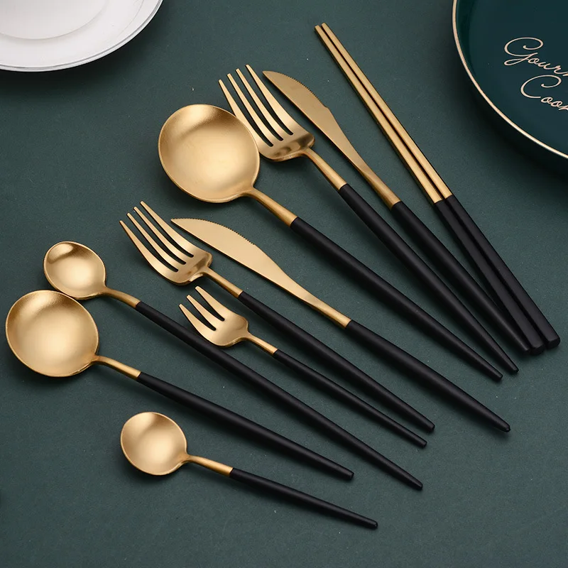 Dishwasher Safe Cutlery Flatware Set Black Gold Stainless Steel Manufacture