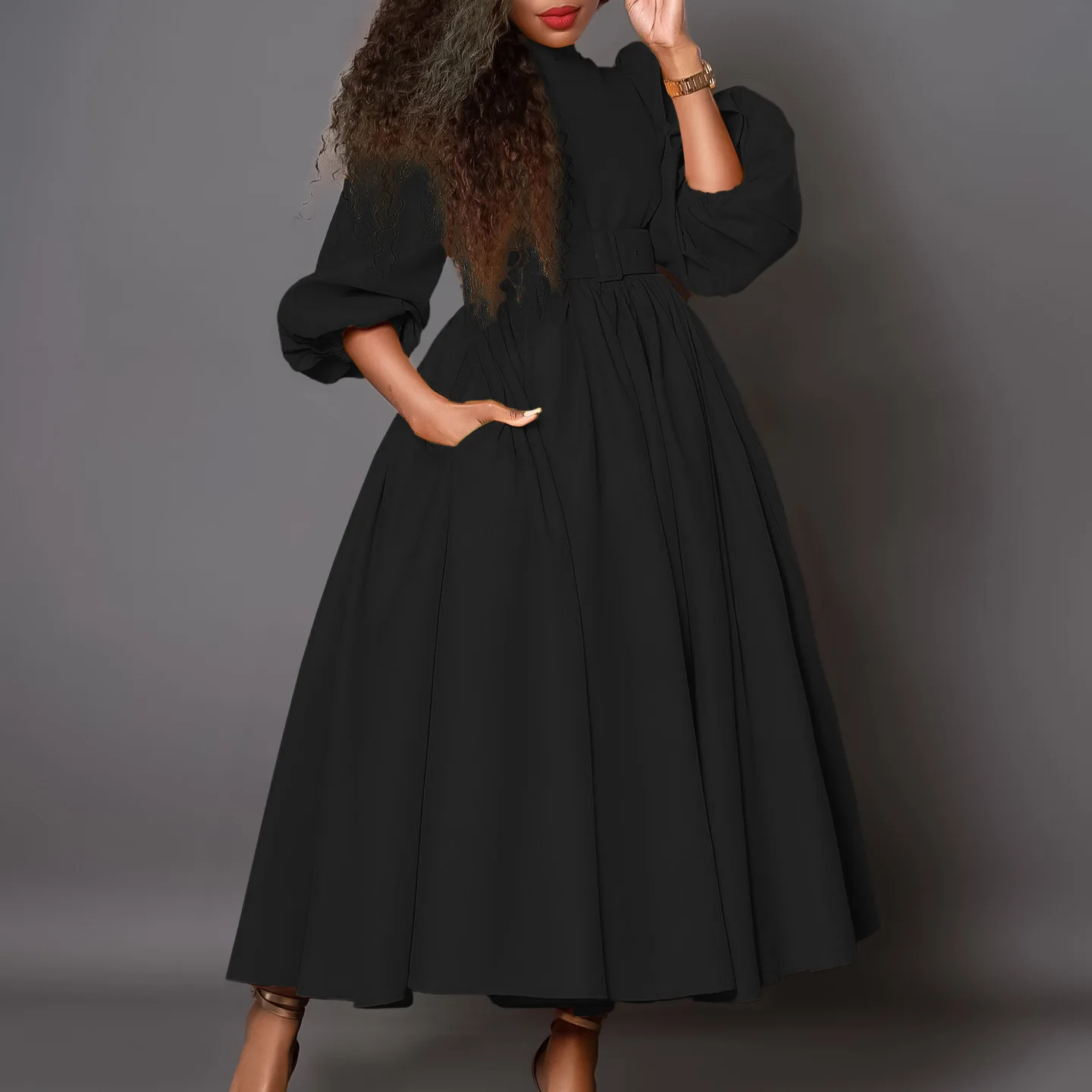black church dresses for women HuiSiFang Womens Long Sleeve Pleated Swing 1950s Formal Maxi Dress Perfect item for church events or any special occasions. Elegant Church Black Church Suits